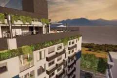 Vista das varandas com jardins verticais e venezianas amadeiradas, fachada com vista para o mar ao entardecer — HUB Beira Mar em Saco dos Limões, Florianópolis