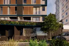 Detalhe da entrada do edifício com jardim no topo, venezianas amadeiradas e numeração 356 — HUB Beira Mar em Saco dos Limões, Florianópolis