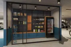 Minimercado no subsolo com prateleiras de produtos, adega e bicicletas ao fundo — HUB Beira Mar em Saco dos Limões, Florianópolis