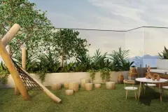 Garden privativo com rede suspensa, mesa e cadeiras de palha, gramado e jardineiras com vista para montanhas — HUB Beira Mar em Saco dos Limões, Florianópolis