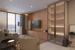 Sala de estar com sofá bege, TV embutida em painel amadeirado e adega de vidro iluminada — HUB Beira Mar em Saco dos Limões, Florianópolis
