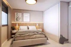 Dormitório com cama de casal, painel amadeirado, guarda-roupa branco e luminária circular — HUB Beira Mar em Saco dos Limões, Florianópolis