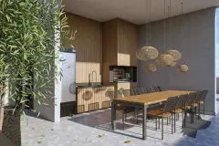 Espaço gourmet externo com mesa de jantar longa, cadeiras, cozinha amadeirada e pendentes de palha — Icone Residence em Ingleses, Florianópolis
