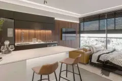 Render do studio com bancada de cozinha integrada, painel ripado, sala e quarto com vista da cidade — Imob Canas em Canasvieiras, Florianópolis