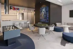 Render do salão de jogos com pebolim, mesa de pôquer, bancada bar e arte urbana na parede — Imob Canas em Canasvieiras, Florianópolis