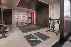 Render da academia com saco de boxe, esteira, aparelhos de musculação e iluminação neon — Imob Canas em Canasvieiras, Florianópolis