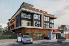 Render da fachada do edifício com 3 andares, arquitetura contemporânea escura com detalhes em madeira e garagem — Imob Canas em Canasvieiras, Florianópolis