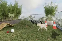 Render do pet place com gramado, obstáculos de pneus, rampa de madeira e bambus — Imob Canas em Canasvieiras, Florianópolis