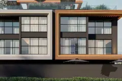 Render da fachada com detalhe das janelas grandes emolduradas em cobre nos andares superiores — Imob Canas em Canasvieiras, Florianópolis