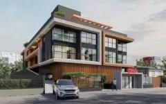 Render da fachada frontal do edifício com 3 andares, garagem e entrada principal — Imob Canas em Canasvieiras, Florianópolis