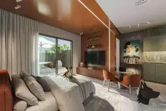 Dormitório studio decorado em tons terrosos com TV, escrivaninha, cama de casal e varanda com luz natural — Imob Trindade On em Trindade, Florianópolis