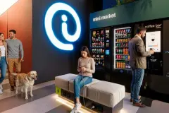 Hall de entrada com mini market, coffee bar automatizado e lounge com carregadores USB, pessoas e cachorro golden — Imob Trindade On em Trindade, Florianópolis