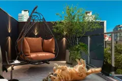 Varanda com poltrona suspensa tipo ovo, cachorro brincando e paisagem urbana com vegetação exuberante — Imob Trindade On em Trindade, Florianópolis