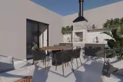 Espaço gourmet de cobertura com churrasqueira em mármore, mesa oval de madeira, cadeiras de corda e plantas tropicais — Imperial Residence em Campeche, Florianópolis