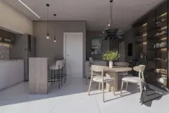 Sala de jantar integrada à cozinha com ilha, mesa redonda de madeira, cadeiras naturais e adega de vidro iluminada — Imperial Residence em Campeche, Florianópolis