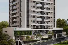 Fachada do edifício de 15 andares com revestimento bege e cinza, jardim vertical na base e logos da Ferreira Antunes e in.haus — In Haus Afonso Pena em Canto, Florianópolis