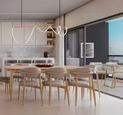 Sala de jantar com mesa oval de madeira e 8 cadeiras, luminária decorativa dourada e vista para varanda com o mar — In Haus Afonso Pena em Canto, Florianópolis