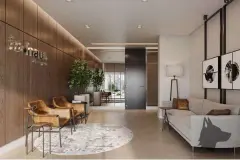 Hall de entrada com logo in.haus em metal inox na parede de madeira, poltronas em couro, sofá cinza e tapete redondo — In Haus Afonso Pena em Canto, Florianópolis