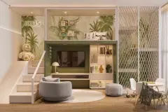 Espaço kids com área de brinquedos, escada, TV embutida, sofá redondo cinza e jardim lateral iluminado — In Haus Afonso Pena em Canto, Florianópolis