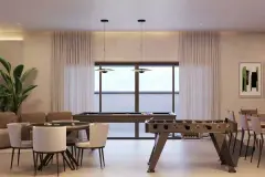 Salão de jogos com mesa de sinuca, mesa de pebolim, mesa de pôquer, sofá e luminária pendente — In Haus Afonso Pena em Canto, Florianópolis