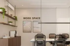 Work space com mesa comprida, cadeiras de escritório, prateleiras com plantas e quadros de praia na parede — In Haus Afonso Pena em Canto, Florianópolis