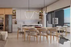 Sala de jantar integrada à cozinha com mesa oval e cadeiras de madeira, ilha com bancada e varanda com vista para o mar — In Haus Afonso Pena em Canto, Florianópolis