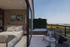 Quarto decorado com cama de casal e porta de vidro que leva à varanda com hidromassagem e vista do bairro — Infinite Campeche em Campeche, Florianópolis