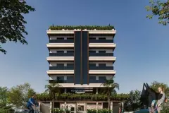 Fachada frontal do edifício com jardim vertical nas varandas, palmeiras e totem Infinite Campeche — Infinite Campeche em Campeche, Florianópolis
