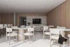 Salão de convivência claro com mesas redondas brancas, cadeiras, paredes de madeira e pedra e TV embutida — Infinite Campeche em Campeche, Florianópolis