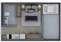 Planta baixa do studio com banheiro, closet, cama casal, kitchenette e varanda com hidromassagem — Infinite Campeche em Campeche, Florianópolis