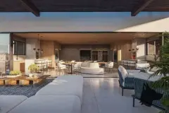 Área gourmet aberta no rooftop com sofás, lareira suspensa, mesa de jantar e cozinha integrada — Infinite Campeche em Campeche, Florianópolis