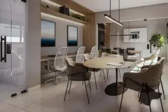Sala de coworking com mesa de reunião oval, cadeiras executivas e bancada de trabalho com monitores — Infinite Campeche em Campeche, Florianópolis