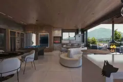 Salão de entretenimento com mesa de sinuca, mesa de poker, lareira suspensa e visão para rooftop com lareira — Infinite Campeche em Campeche, Florianópolis