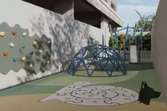 Playground com parede de escalada colorida, cúpula geodésica azul, escorregador e jogo pintado no chão — Infinite Campeche em Campeche, Florianópolis