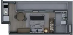 Planta baixa do studio alongado com cozinha, mesa de jantar, cama casal, closet, banheiro e varanda longa — Infinite Campeche em Campeche, Florianópolis