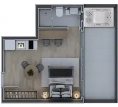 Planta baixa do apartamento com cozinha, área de jantar e sala, cama casal, banheiro e varanda com hidromassagem — Infinite Campeche em Campeche, Florianópolis