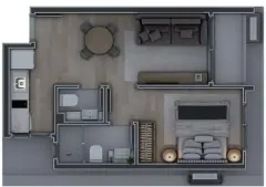 Planta baixa do apartamento de 2 dormitórios com 2 suítes, sala de estar, sala de jantar e cozinha — Infinite Campeche em Campeche, Florianópolis