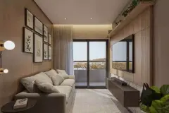 Quarto iluminado com cama de casal, escrivaninha, closet aberto e galeria de arte marítima na parede — Infinite Campeche em Campeche, Florianópolis