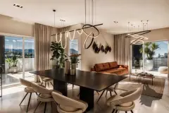 Sala de jantar ampla com mesa escura, cadeiras bege, lustres design e sofá de couro com vista para a sacada — Infinity Residence em Ingleses, Florianópolis