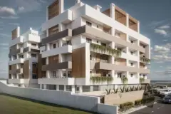 Perspectiva do edifício com fachada branca, painéis de madeira e jardins suspensos nas varandas — Infinity Residence em Ingleses, Florianópolis
