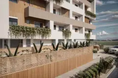 Perspectiva da piscina com deck de madeira, espreguiçadeiras e jardins verticais na fachada — Infinity Residence em Ingleses, Florianópolis