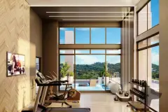 Academia com esteiras, elíptico, halteres e parede de vidro com vista para a piscina e jardim — Jardim Cacupé Residence em Cacupé, Florianópolis