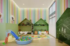 Brinquedoteca colorida com escorregador, piscina de bolinhas, prateleiras em forma de casinha e lousa verde — Jardim Cacupé Residence em Cacupé, Florianópolis