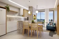 Cozinha com ilha de pedra natural, mesa de jantar e sala de estar com janelão e vista para os morros — Jardim Cacupé Residence em Cacupé, Florianópolis