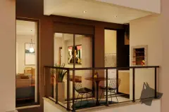 Varanda gourmet à noite com churrasqueira, mesa, cadeiras e porta de vidro com sala ao fundo — Jardim Cacupé Residence em Cacupé, Florianópolis