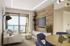 Sala de estar com sofá, painel de TV em madeira e varanda com vista para o mar — Jardim de Coqueiros em Coqueiros, Florianópolis