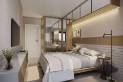 Suíte com cama de casal, cabeceira estofada, guarda-roupa espelhado e iluminação embutida — Jardim de Coqueiros em Coqueiros, Florianópolis