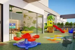 Playground ao ar livre com escorregador temático, gira-gira e brinquedoteca integrada com parede de selva — Jardim de Coqueiros em Coqueiros, Florianópolis
