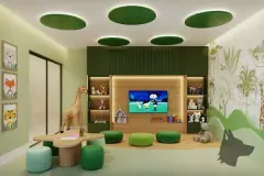 Brinquedoteca interior com TV em painel de madeira, mesa, pufes verdes e decoração de animais da selva — Jardim de Coqueiros em Coqueiros, Florianópolis