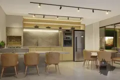 Espaço gourmet com churrasqueira embutida, bancada de mármore, cadeiras e rack iluminado — Jardim de Coqueiros em Coqueiros, Florianópolis